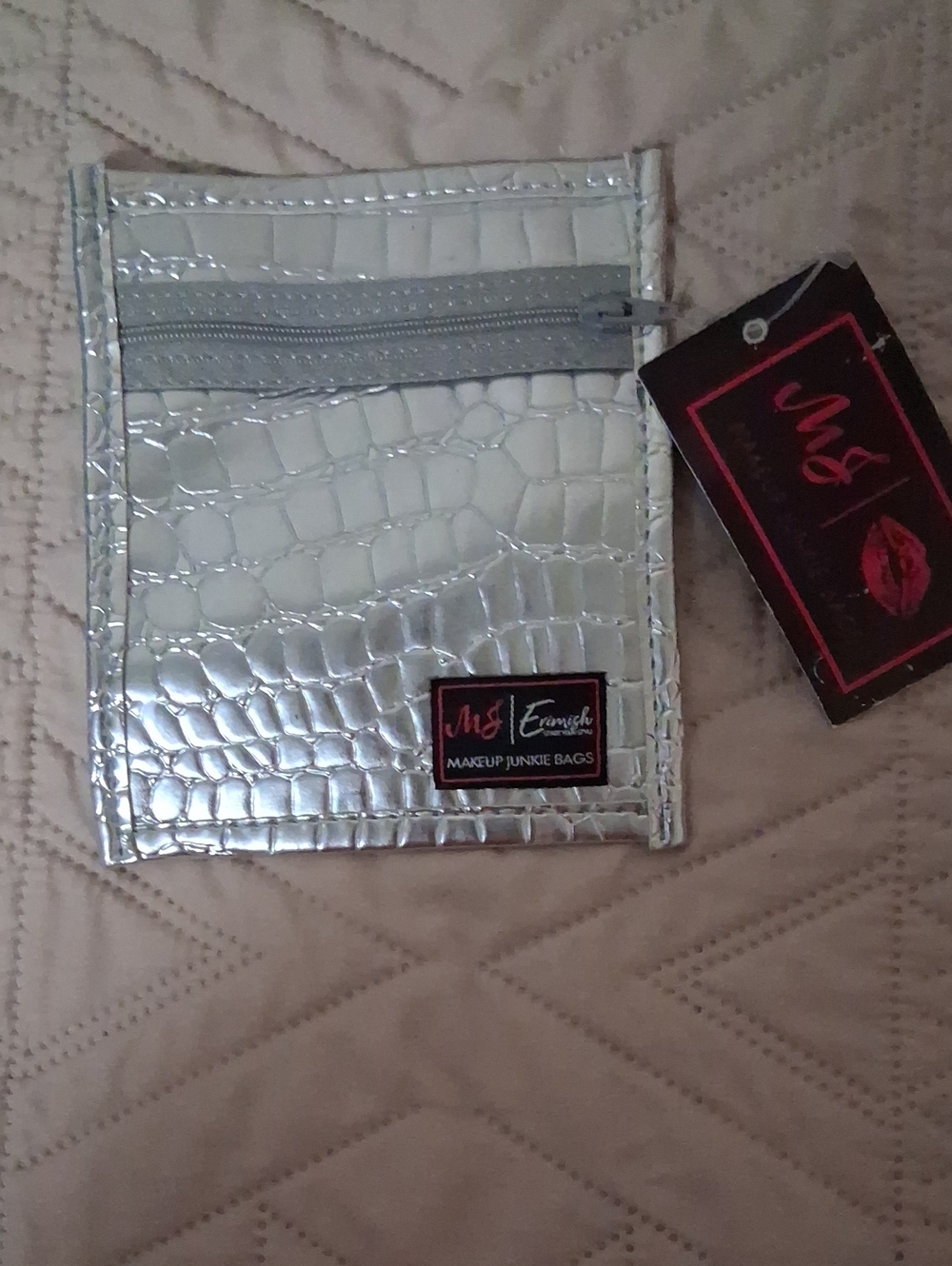 Makeup Junkie Bags Silver Croc-Embossed Cosmetic Pouch - M&J
